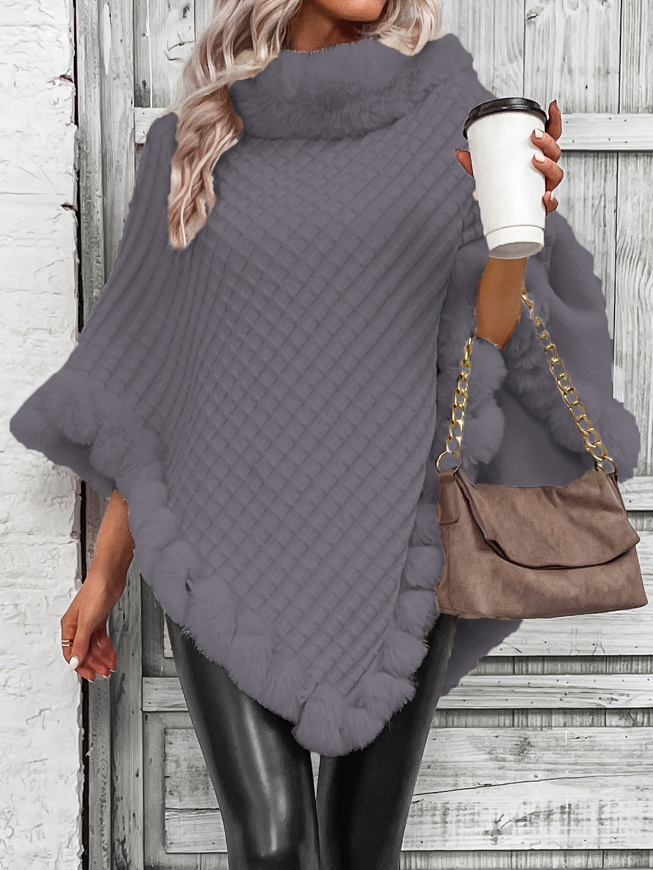Warme Stijlvolle Poncho Trui Voor Dames Me Bontlook Col