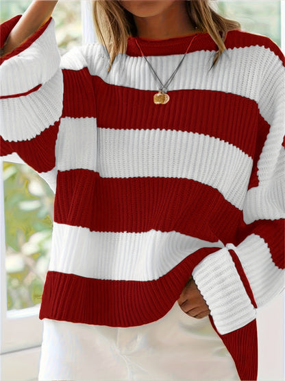 Gestreepte Oversized Trui Voor Dames Met Ronde Hals En Lange Mouwen