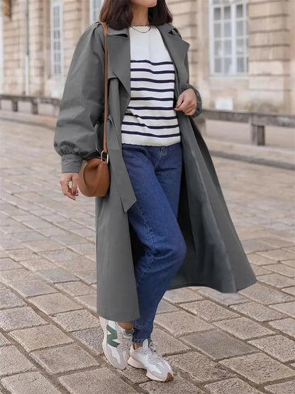 Elegante Waterdichte Dames Maxi Trenchcoat Met Ceintuur