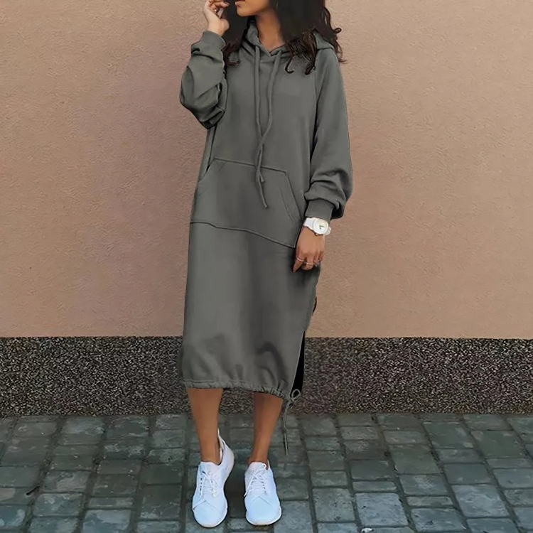 Comfortabele Midi Dames Sweaterjurk Met Hoodie