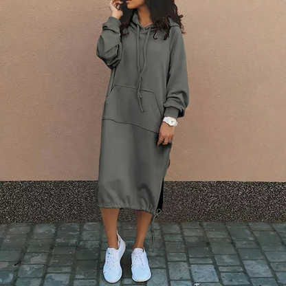 Comfortabele Midi Dames Sweaterjurk Met Hoodie