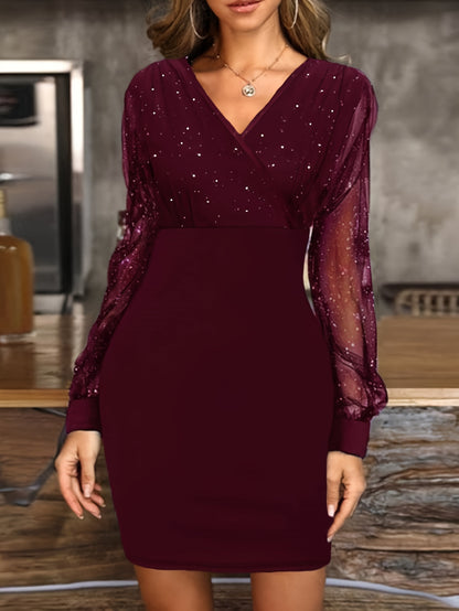 Pailletten Cocktail Mini Jurk Voor Vrouwen Met Lange Mesh Mouwen
