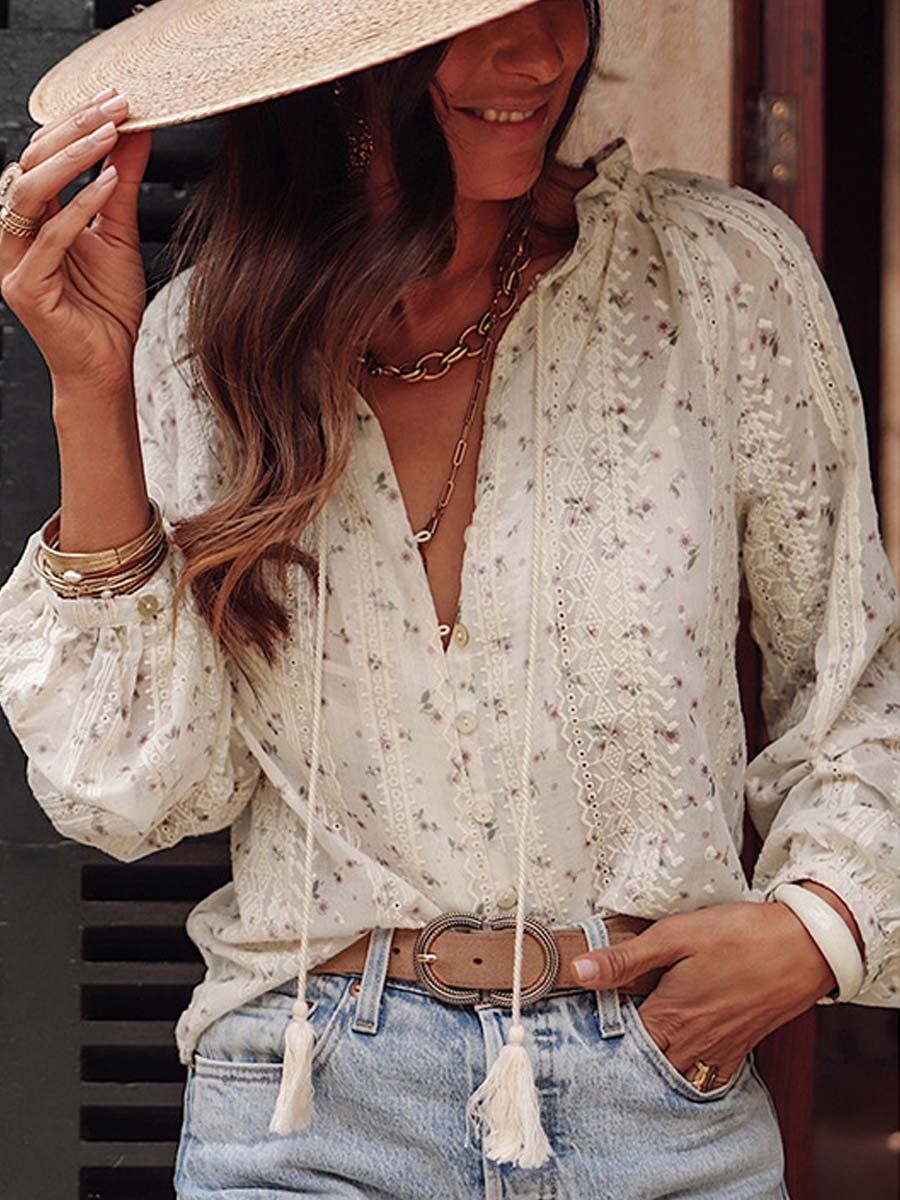 Boho Chic Blouse Met Geborduurde Kant Voor Dames Met V-Hals