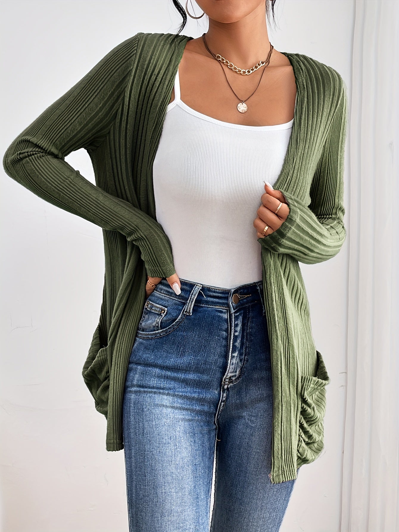 Comfortabel Dames Vest Met Zakken En Geribde Structuur