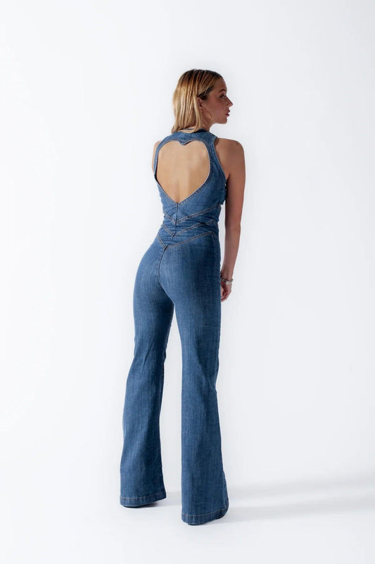 Elena – Spijkerjumpsuit met Open Rug en Wijde Pijpen voor Dames