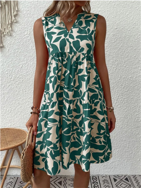 Daniela - Mouwloze Zomerjurk met Bladerenprint voor Dames