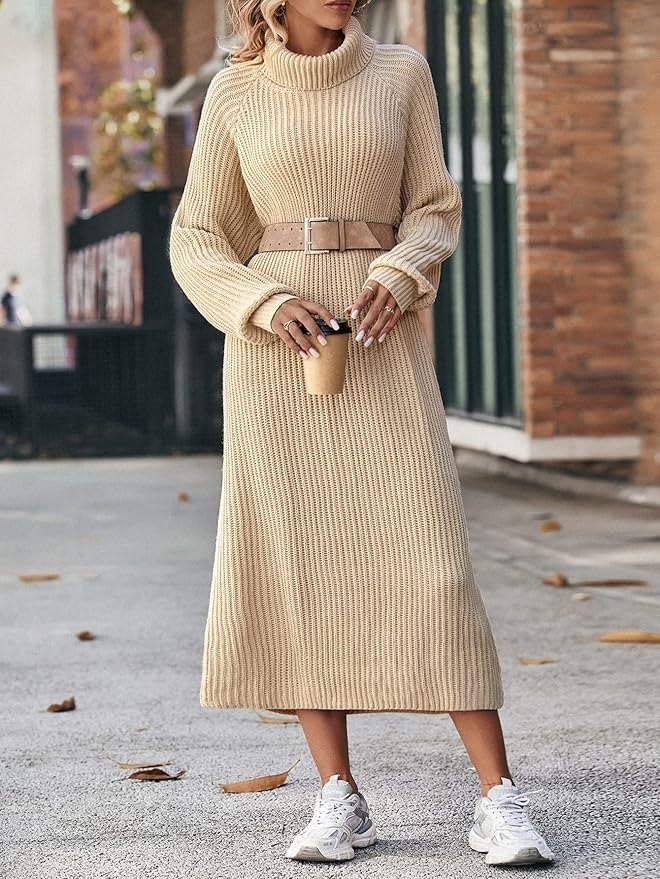 Warme Dames Gebreide Zachte Maxi Sweater Jurk met Col