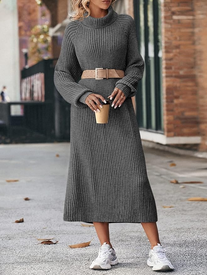 Warme Dames Gebreide Zachte Maxi Sweater Jurk met Col