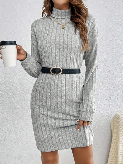 Warme Geribde Mini Sweaterjurk Voor Dames Met Col En Lange Mouwen