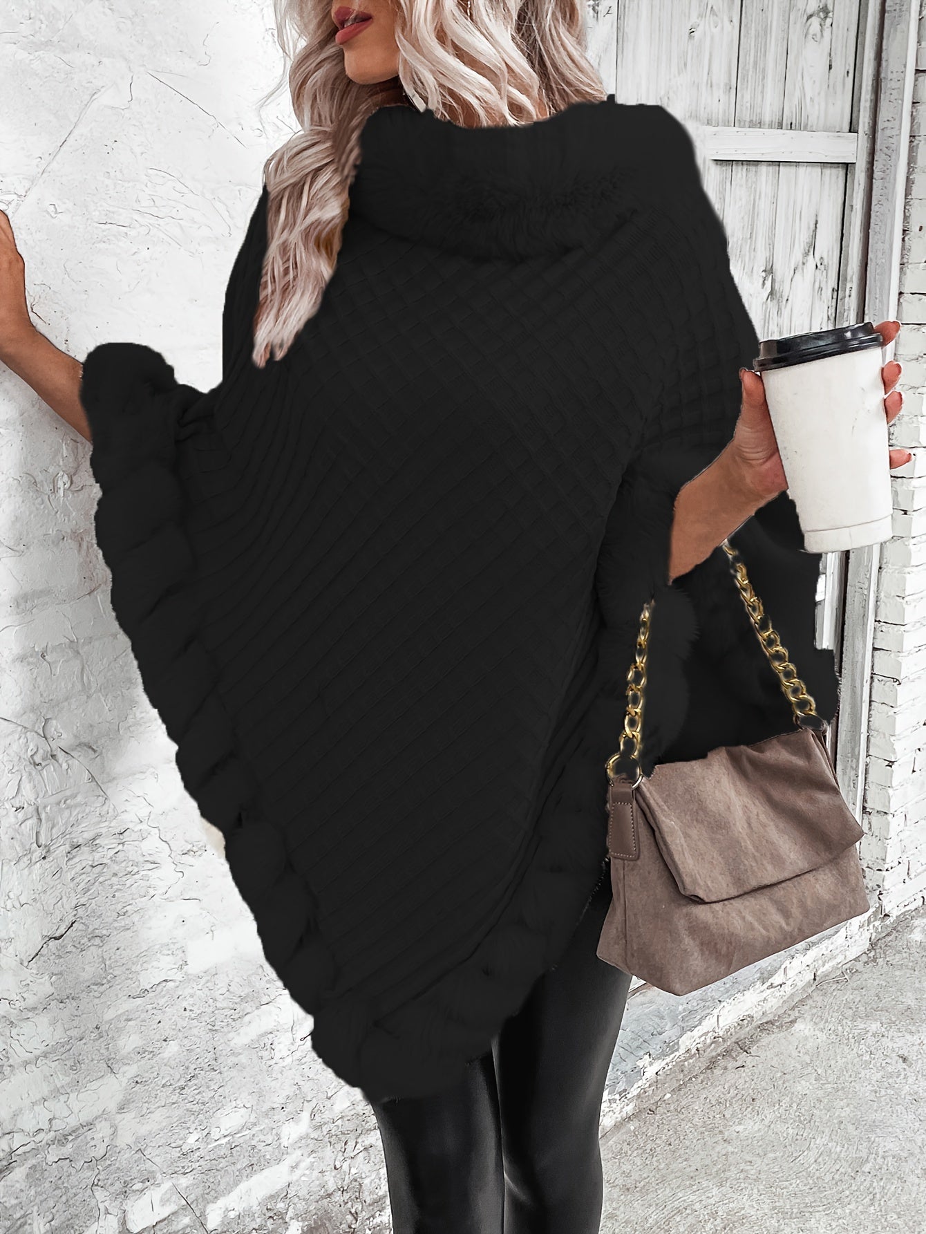 Warme Stijlvolle Poncho Trui Voor Dames Me Bontlook Col