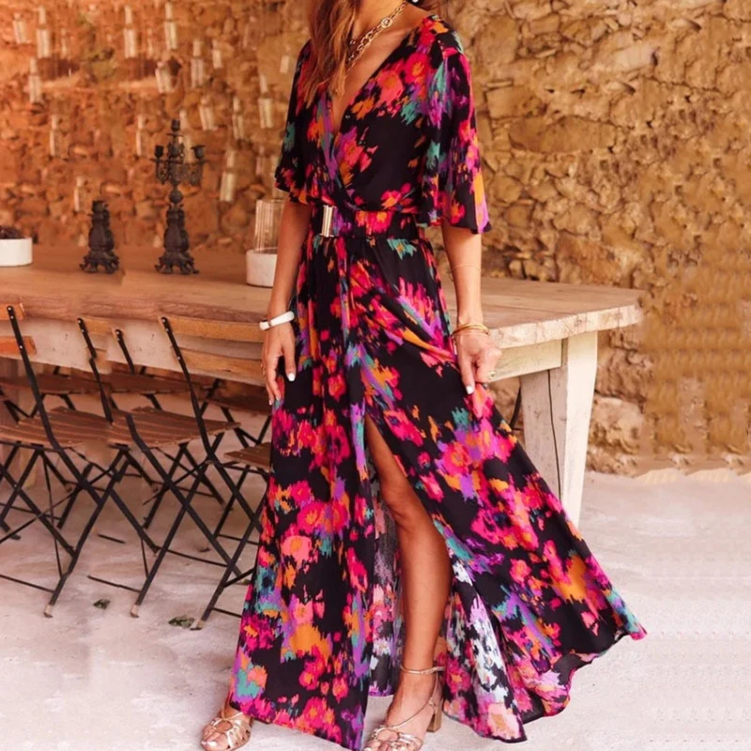 Milica - Maxi Jurk met Levendige Aquarelprint en Voorsplit voor Dames