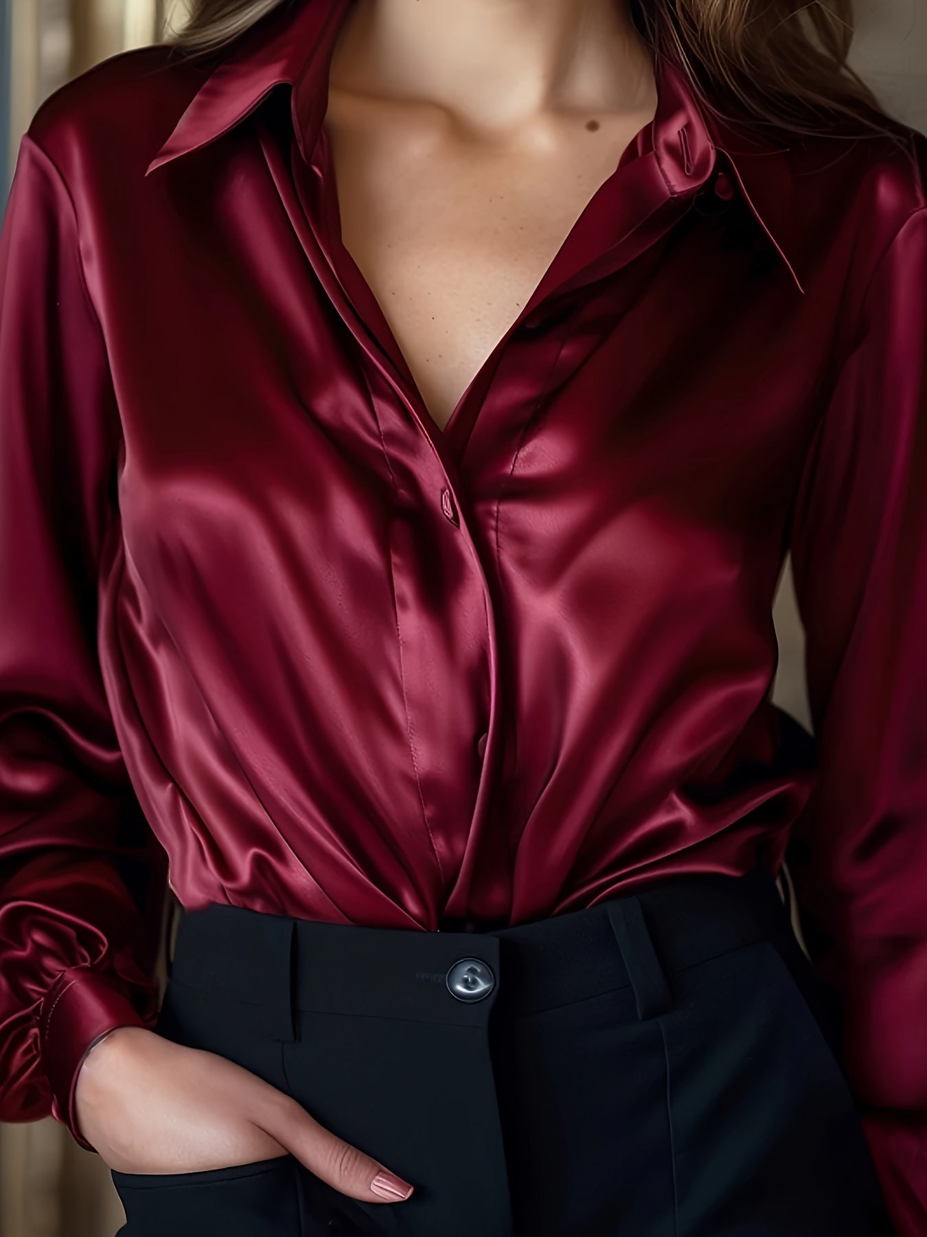 Luxe Satijnen Dames Blouse Met Knoopsluiting En Lange Mouwen