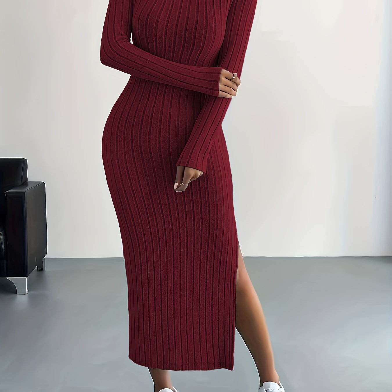 Elegante Warme Geribde Midi Sweaterjurk Voor Dames Met Split