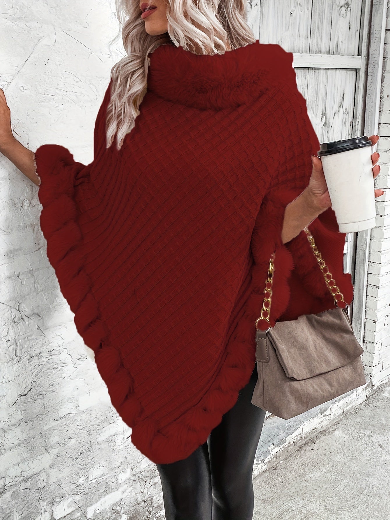 Warme Stijlvolle Poncho Trui Voor Dames Me Bontlook Col