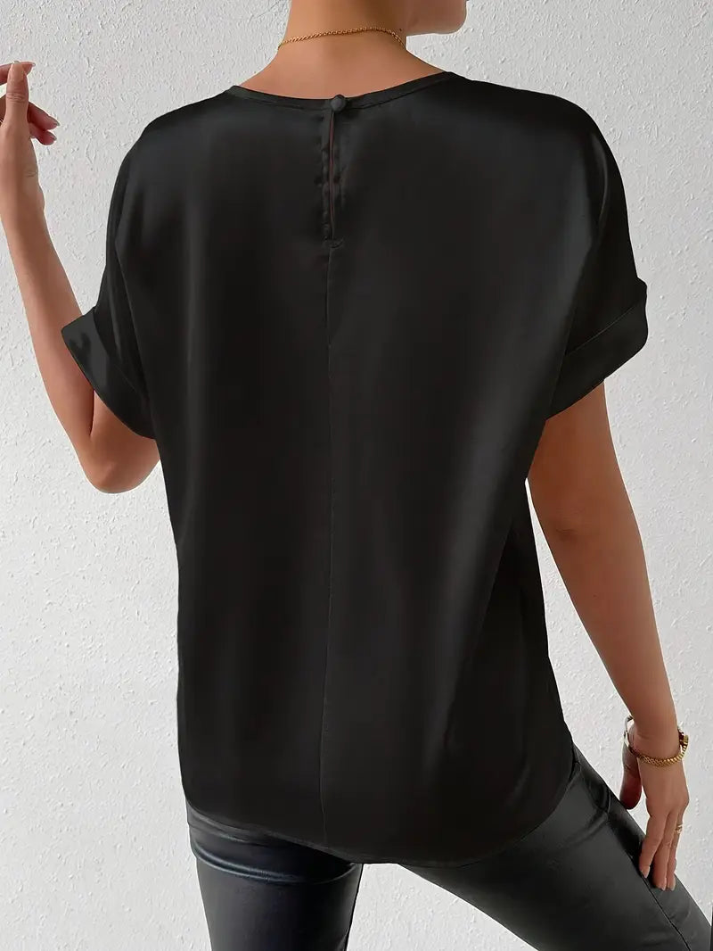Katerina - Satijn afwerking T-shirt met opgerolde mouwen voor dames