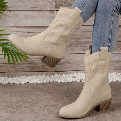Dames Beige Elegante Cowboylaarzen Met Lage Hak