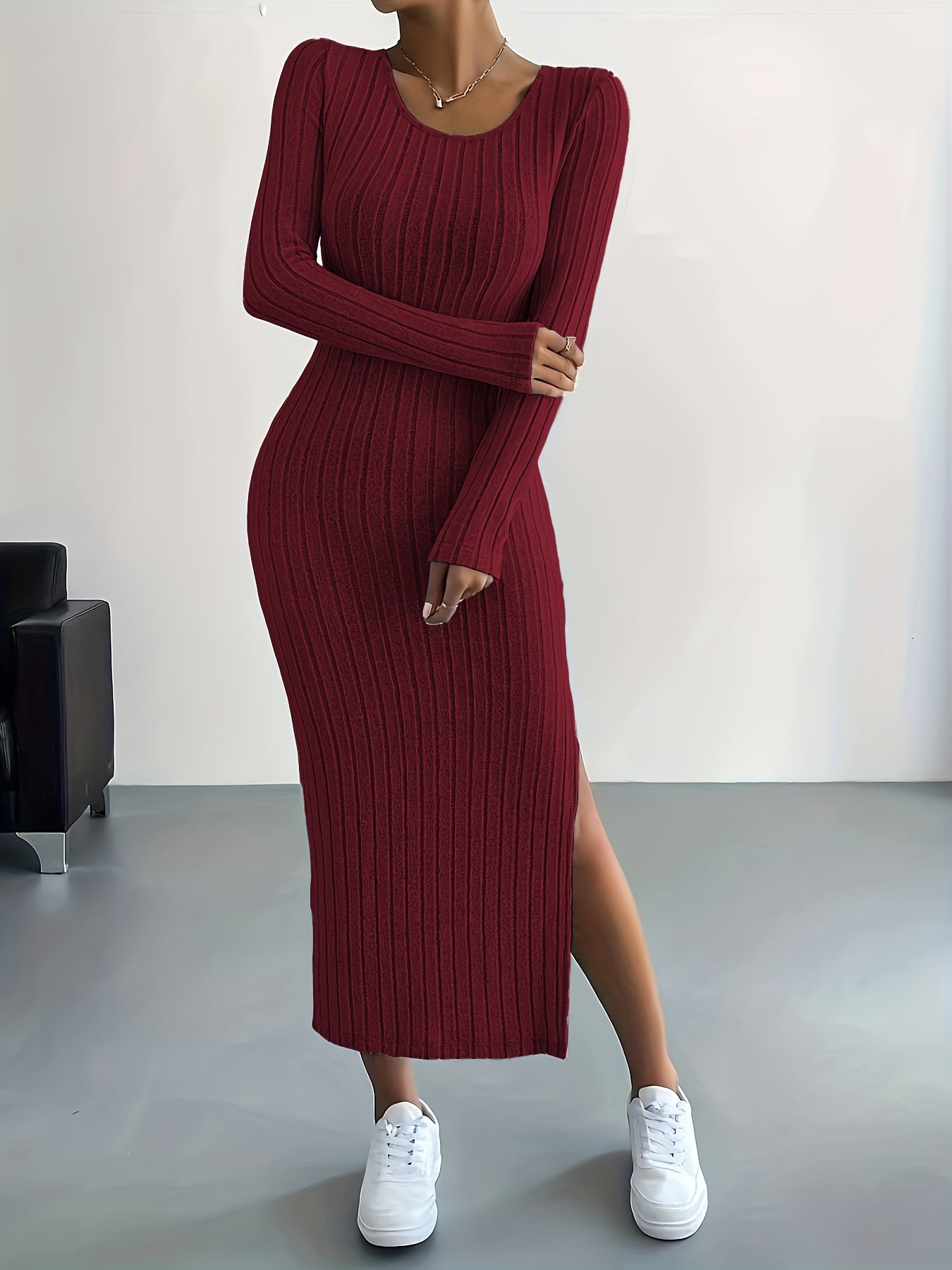 Elegante Warme Geribde Midi Sweaterjurk Voor Dames Met Split