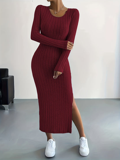 Elegante Warme Geribde Midi Sweaterjurk Voor Dames Met Split