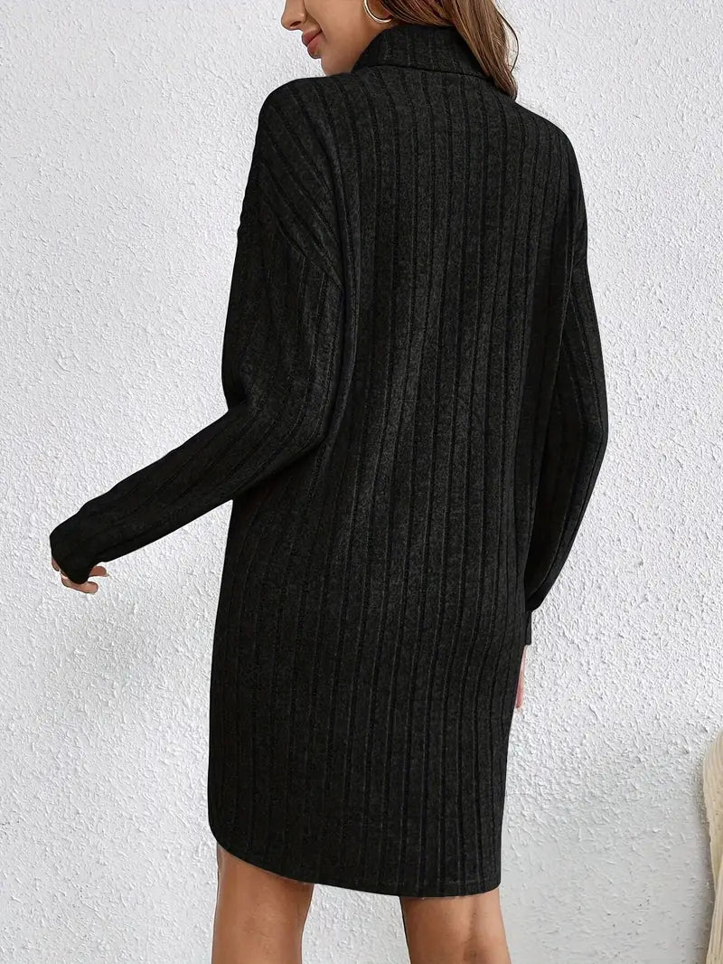 Warme Geribde Mini Sweaterjurk Voor Dames Met Col En Lange Mouwen