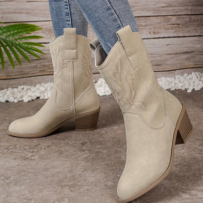 Dames Beige Elegante Cowboylaarzen Met Lage Hak