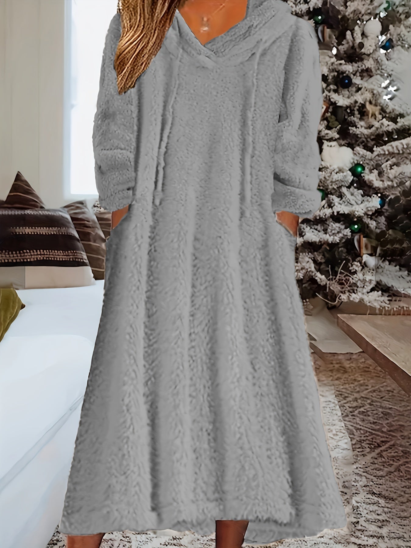Knusse Warme Teddy Maxi Sweaterjurk Met Zakken Voor Dames