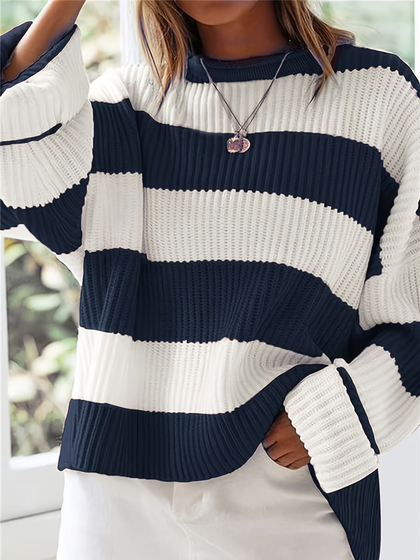 Gestreepte Oversized Trui Voor Dames Met Ronde Hals En Lange Mouwen