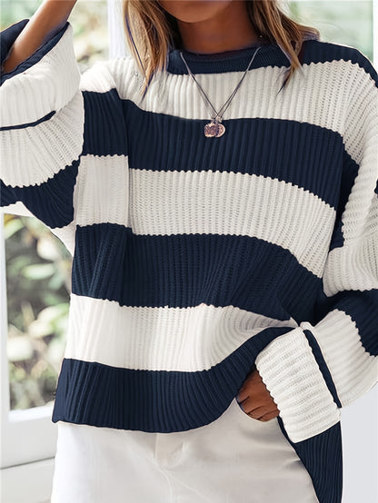 Gestreepte Oversized Trui Voor Dames Met Ronde Hals En Lange Mouwen