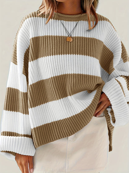 Gestreepte Oversized Trui Voor Dames Met Ronde Hals En Lange Mouwen