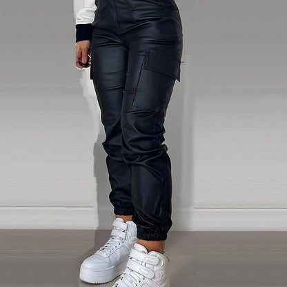Stoere PU Leren Cargo Broek Voor Dames Met Hoge Taille En Zakken