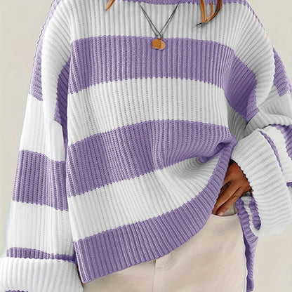 Gestreepte Oversized Trui Voor Dames Met Ronde Hals En Lange Mouwen