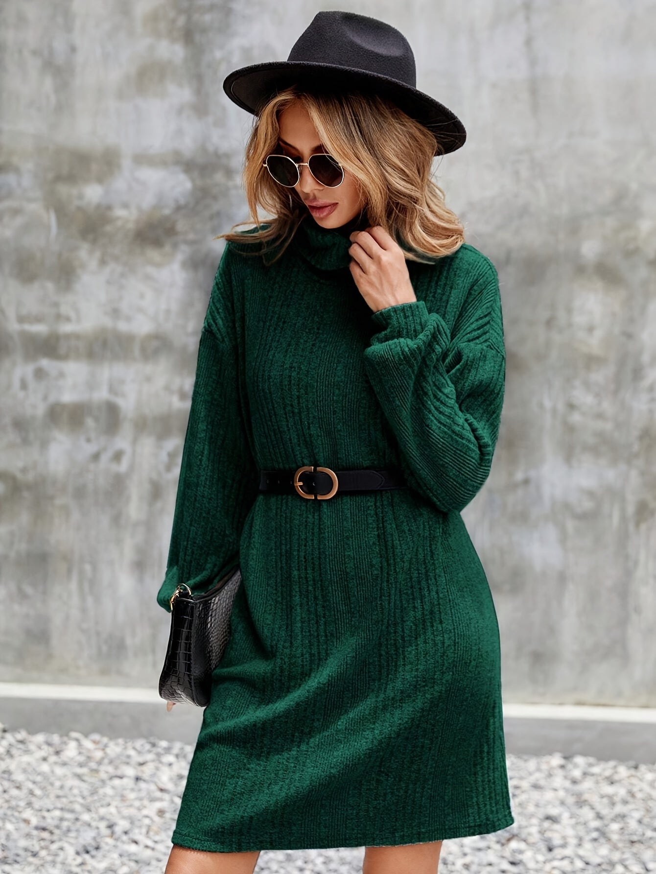 Elegante Warme Dames Mini Sweaterjurk Met Riempje