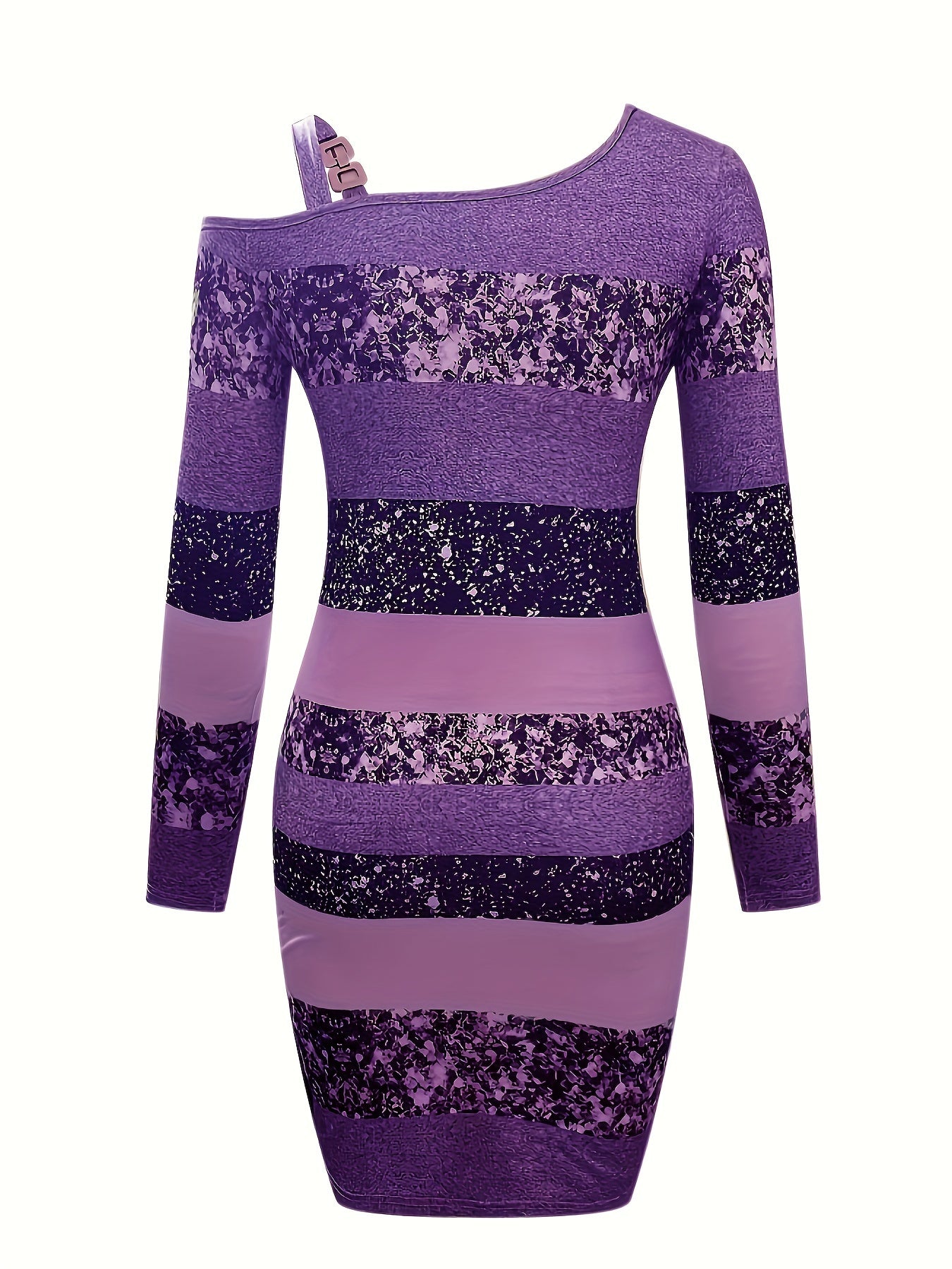 Pailletten Bodycon Mini Jurk Met Glitterstrepen En Asymmetrische Hals