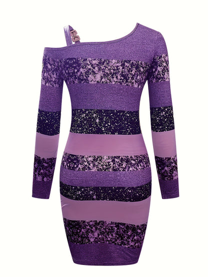 Pailletten Bodycon Mini Jurk Met Glitterstrepen En Asymmetrische Hals