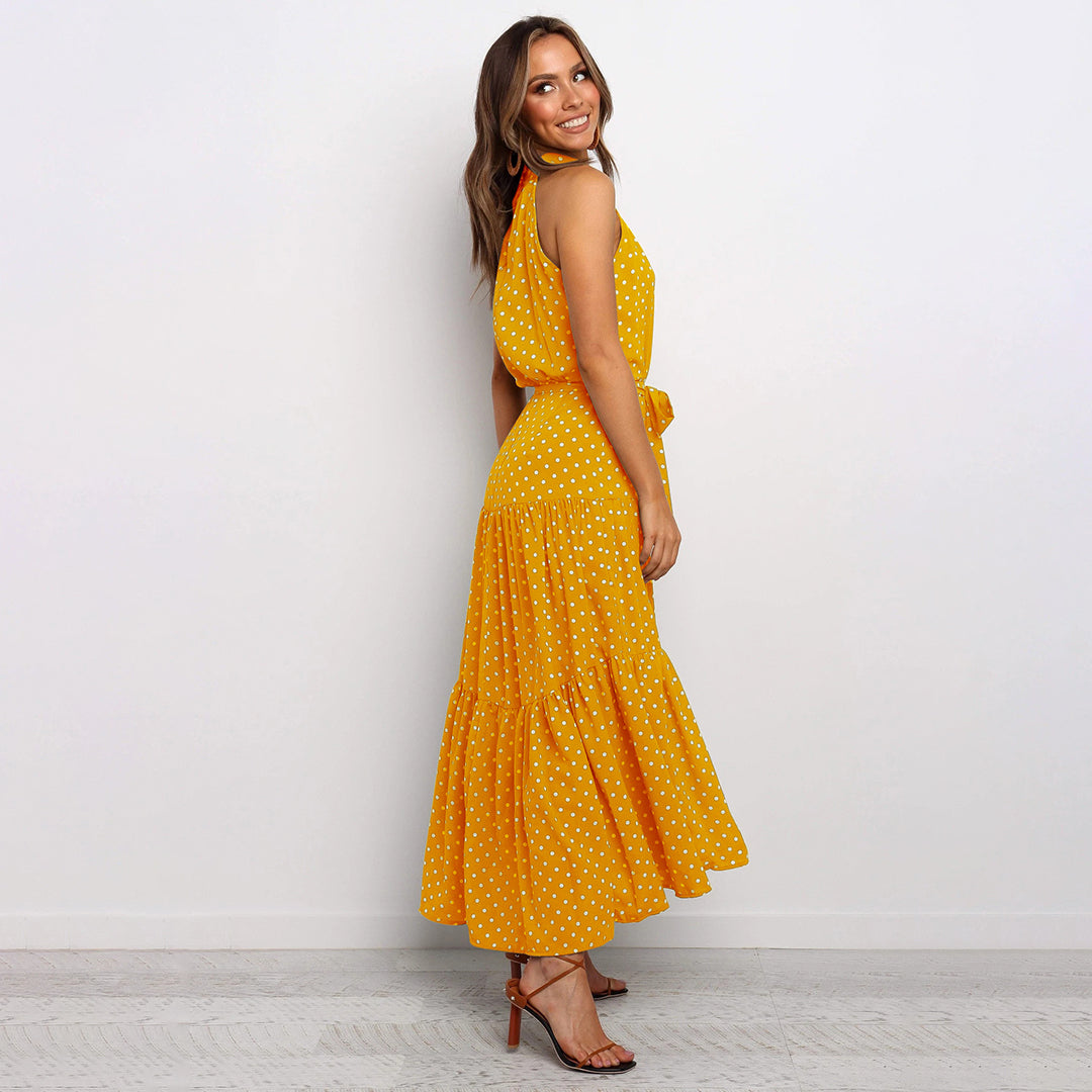 Frieda - Halter Maxi jurk met stippen en tailleband voor dames