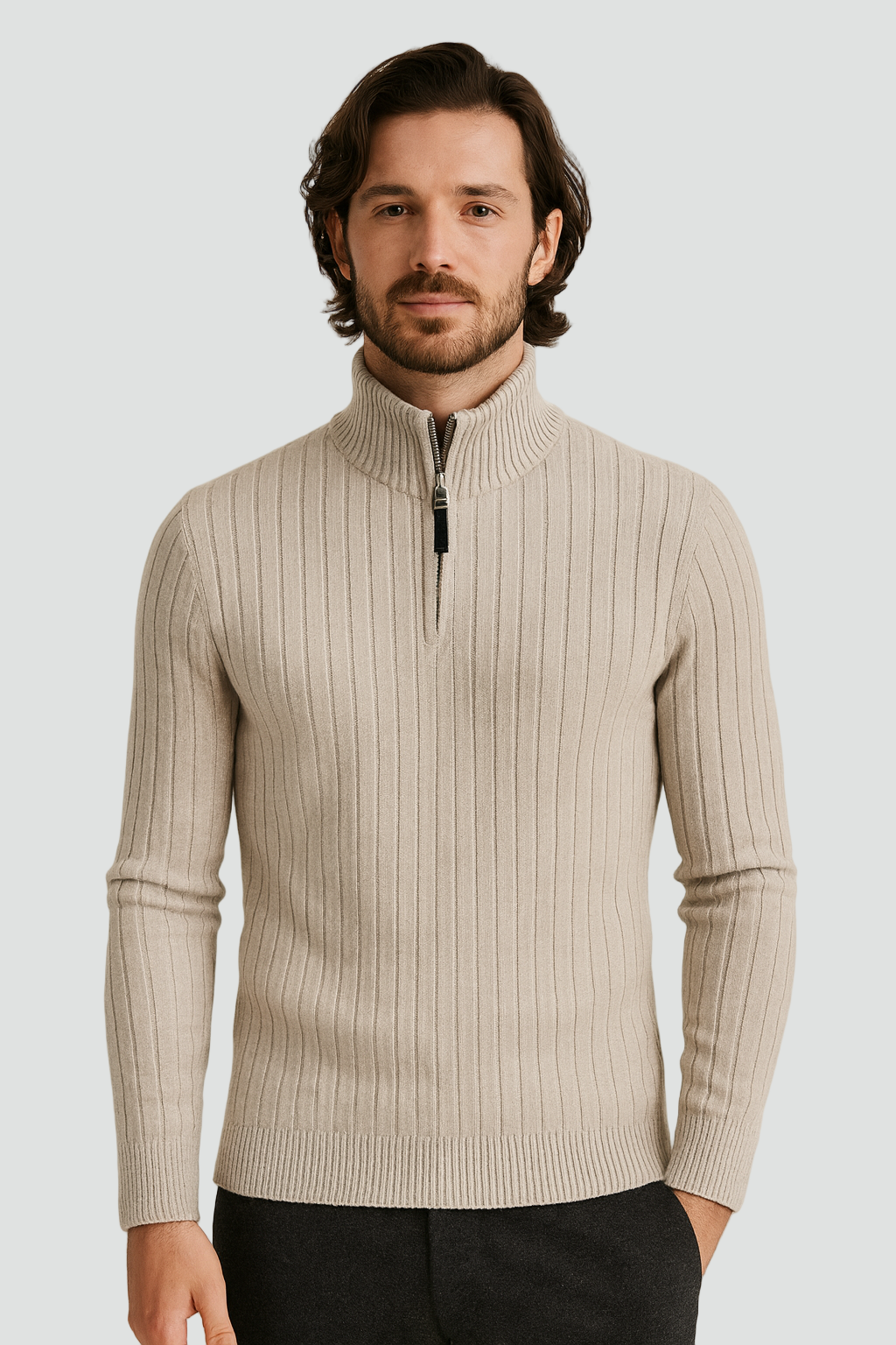 Luxe Heren Geribde Half-Zip Trui met Hoge Opstaande Kraag