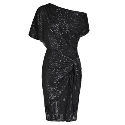 Vrouwen Glitter Cocktail Jurk Met One-Shoulder Halslijn En Taille Strik