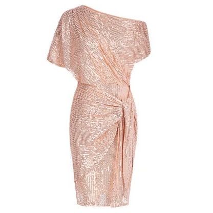 Vrouwen Glitter Cocktail Jurk Met One-Shoulder Halslijn En Taille Strik
