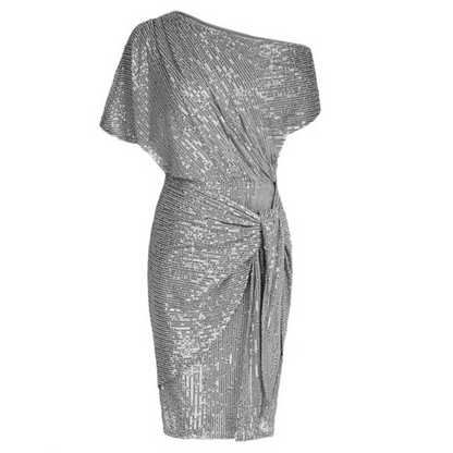 Vrouwen Glitter Cocktail Jurk Met One-Shoulder Halslijn En Taille Strik