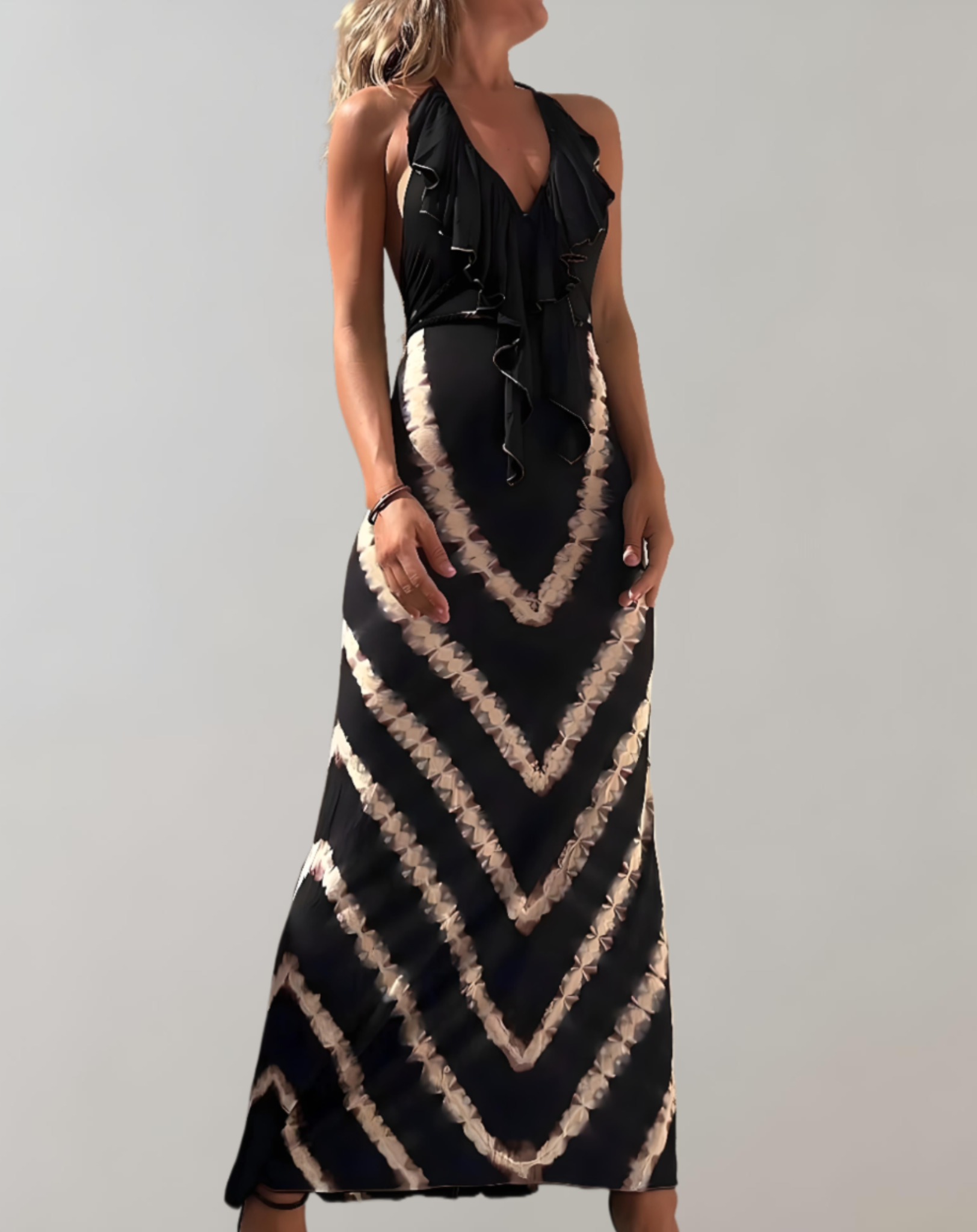 Ewa - Lange Zomerjurk met Ruches V-Hals en Chevron Tie-Dye voor Dames