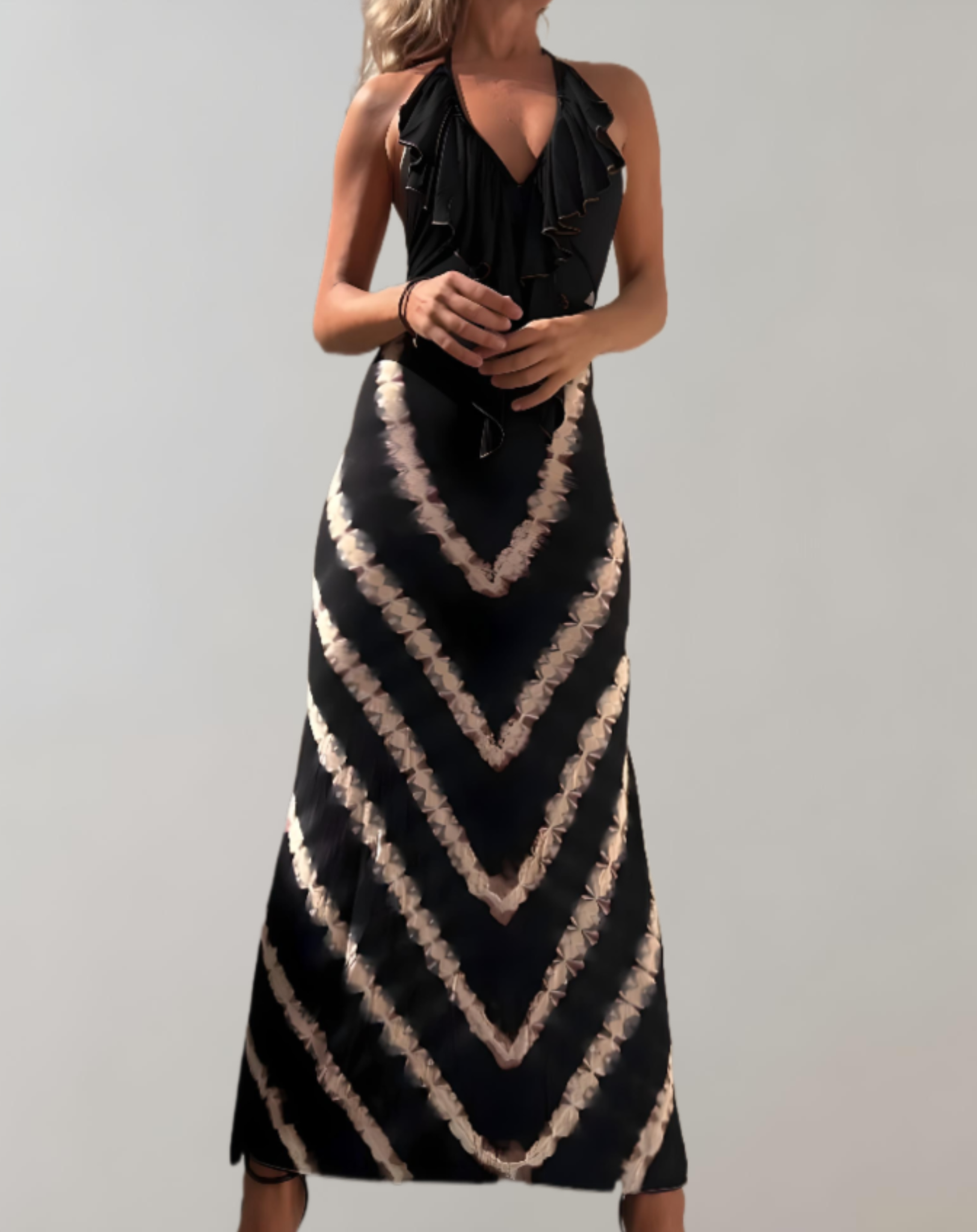 Ewa - Lange Zomerjurk met Ruches V-Hals en Chevron Tie-Dye voor Dames