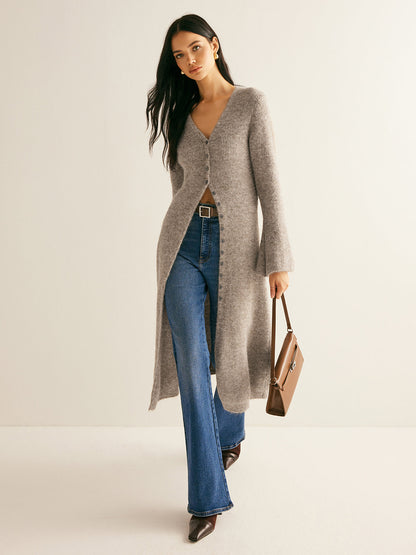 Stijlvolle Midi Sweaterjurk Voor Dames Met V-Hals En Knoopsluiting