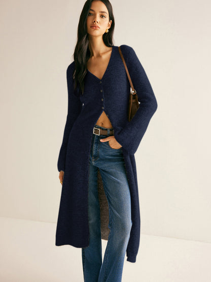 Stijlvolle Midi Sweaterjurk Voor Dames Met V-Hals En Knoopsluiting
