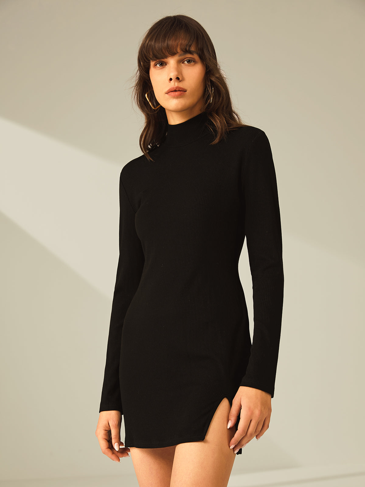 Zwarte Elegante Mini Sweaterjurk Voor Dames Met Col En Split