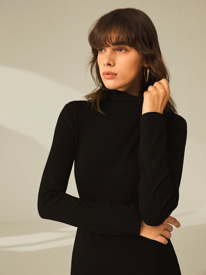 Zwarte Elegante Mini Sweaterjurk Voor Dames Met Col En Split