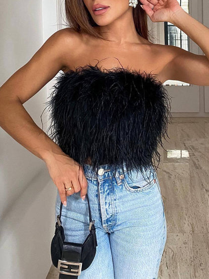 Anouk - Top met veren en bandeau halslijn