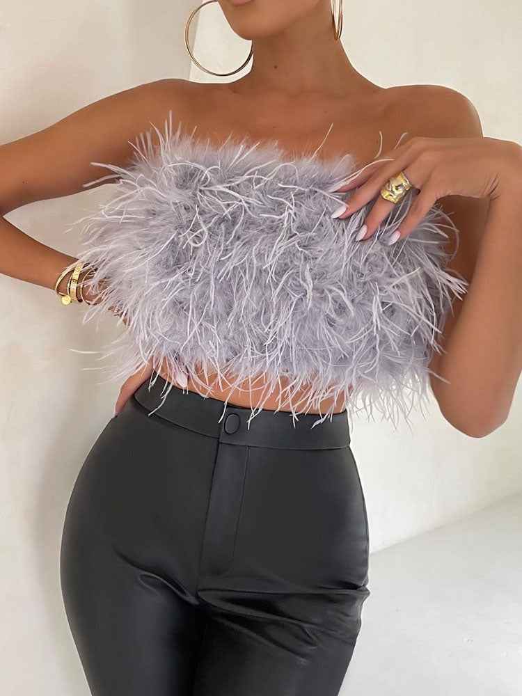 Anouk - Top met veren en bandeau halslijn
