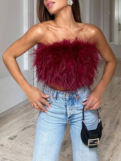 Anouk - Top met veren en bandeau halslijn