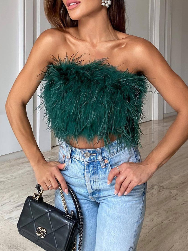 Anouk - Top met veren en bandeau halslijn