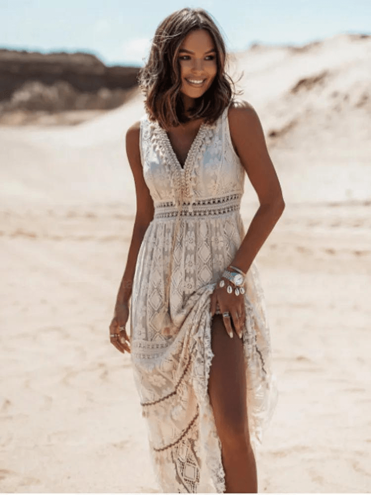 Isla – Boho Maxi Jurk met Kant en Split voor Dames