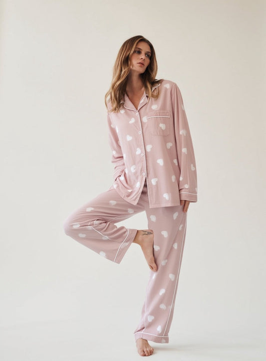 Pyjama Set Vrouwen Lange Mouwen Hartjesprint